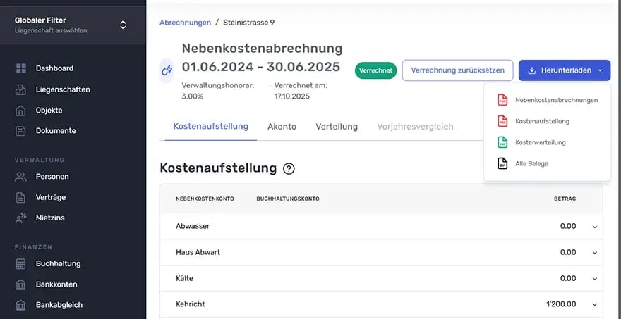 Screenshot Fairwalter Nebenkostenabrechnung – automatische Kostenverteilung