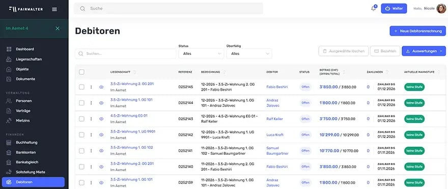 Screenshot Fairwalter Mahnwesen – Debitoren-Dashboard mit offenen Posten