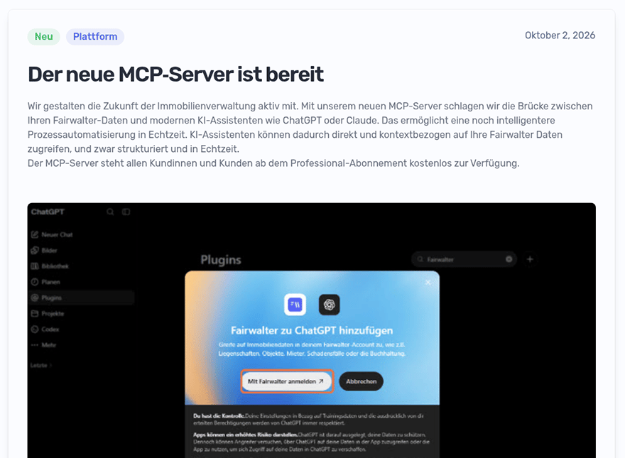 Update-Eintrag «Der neue MCP-Server ist bereit» vom 2. Oktober 2026 auf fairwalter.com