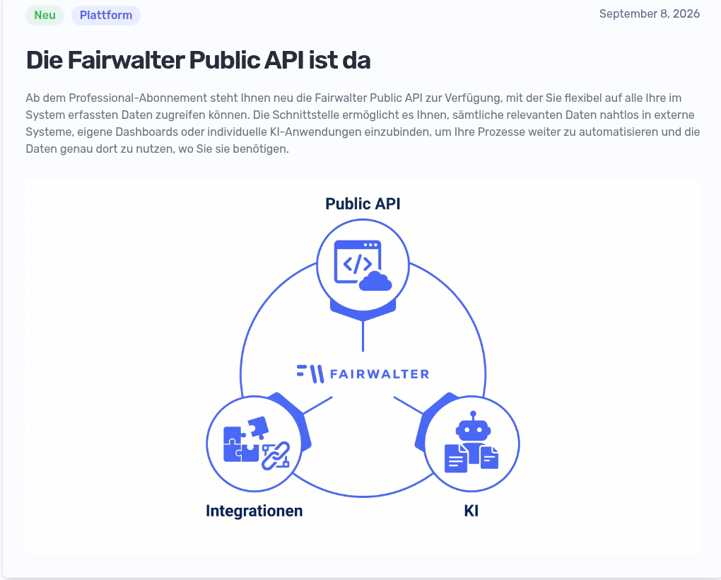 Launch-Eintrag der Fairwalter Public API auf der Updates-Seite, September 2026