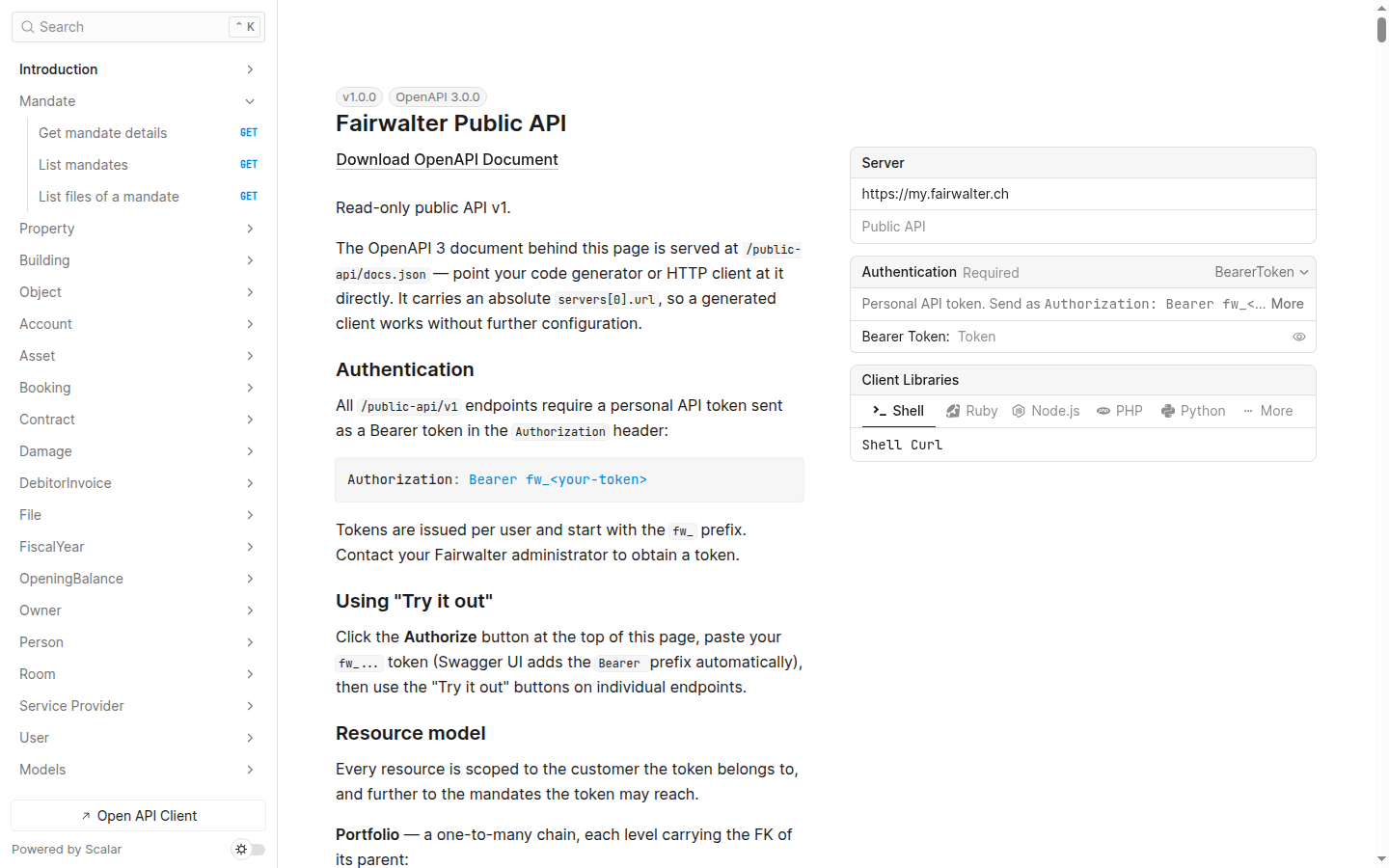 Startseite der Fairwalter Public API Dokumentation mit Bearer-Token-Feld