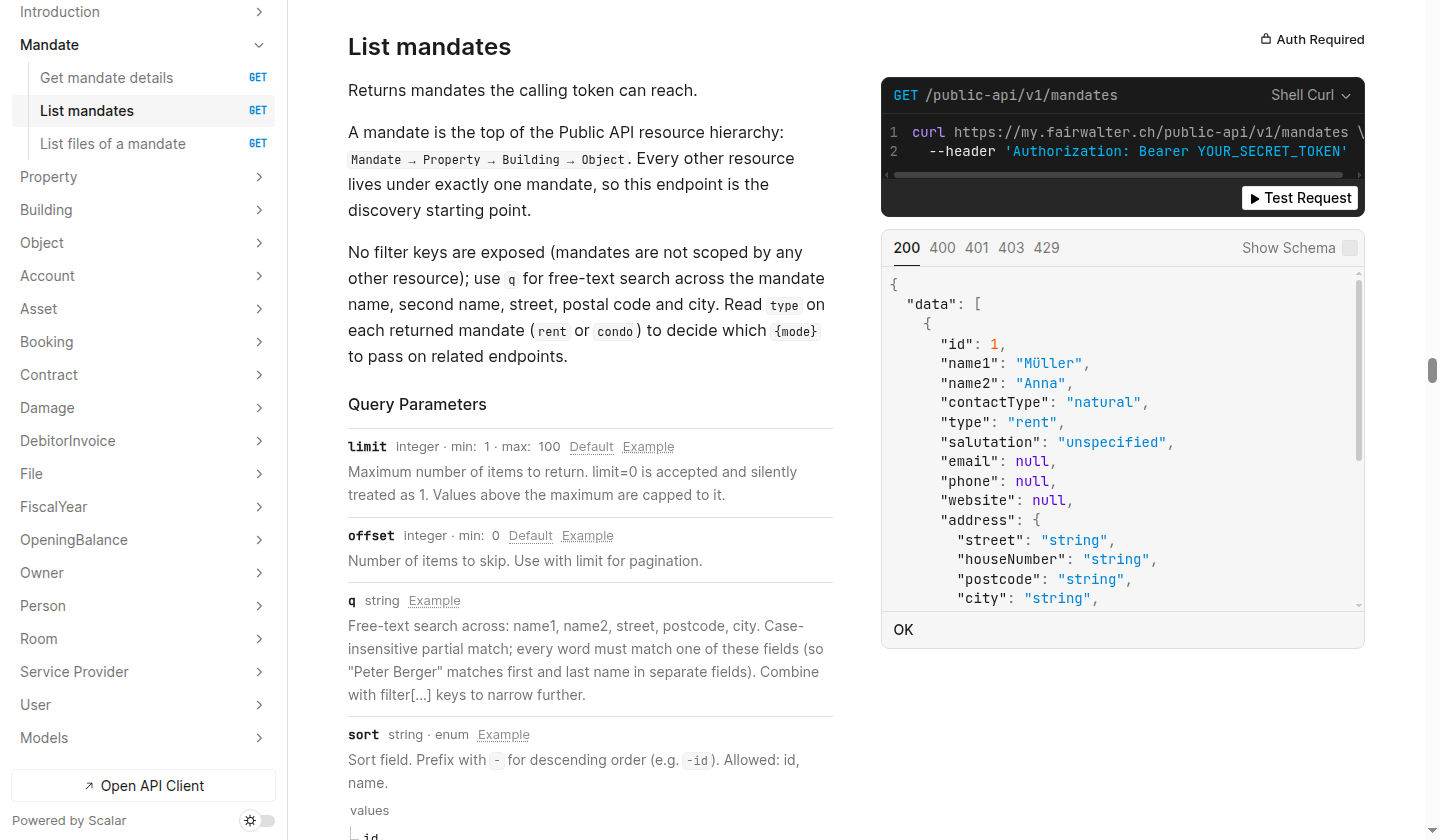 Endpunkt «List mandates» in der API-Dokumentation mit curl-Beispiel