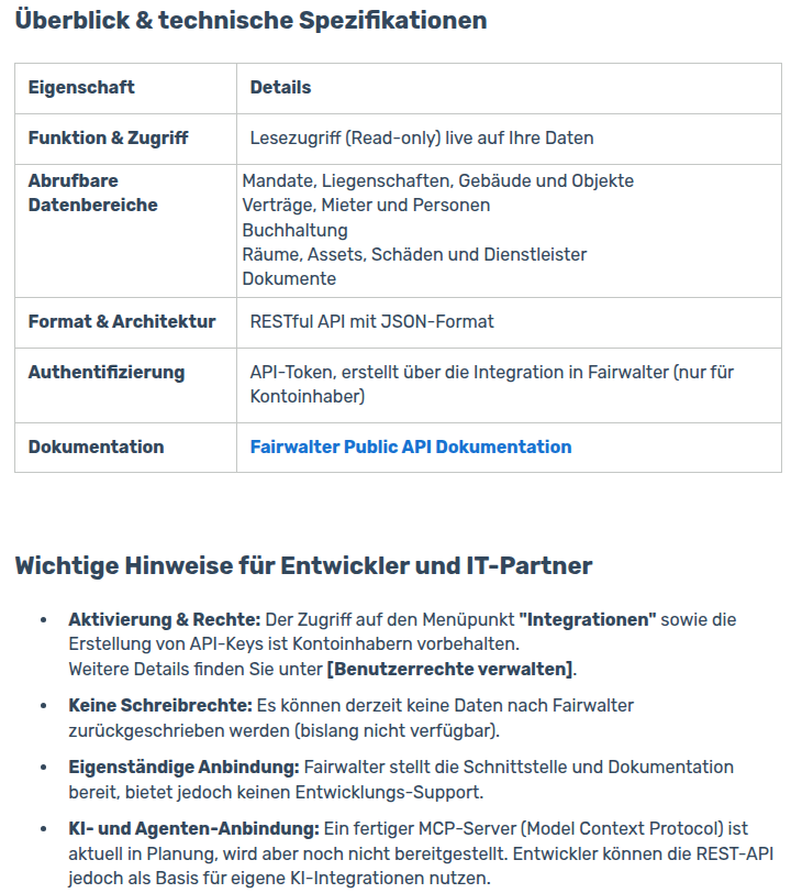 Technische Spezifikationen und Grenzen der Fairwalter Public API im Help-Center