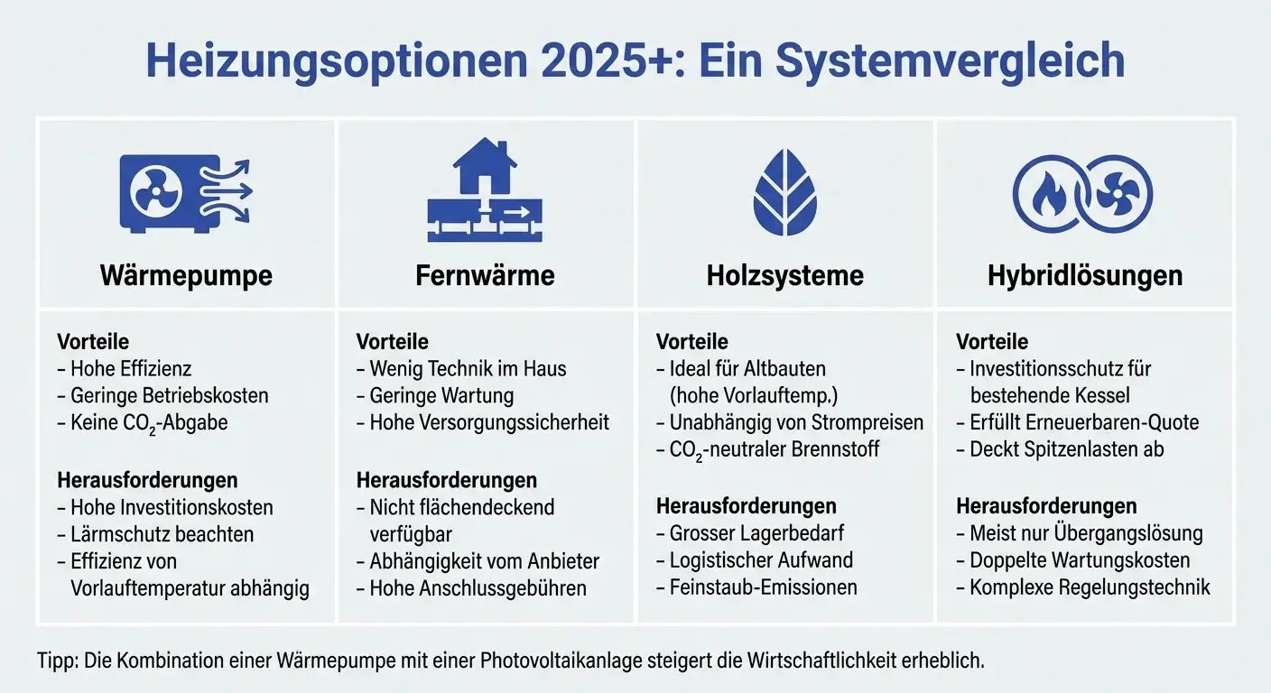 Heizungsoptionen 2025+ im Vergleich (Wärmepumpe, Fernwärme, Holz, Hybrid)