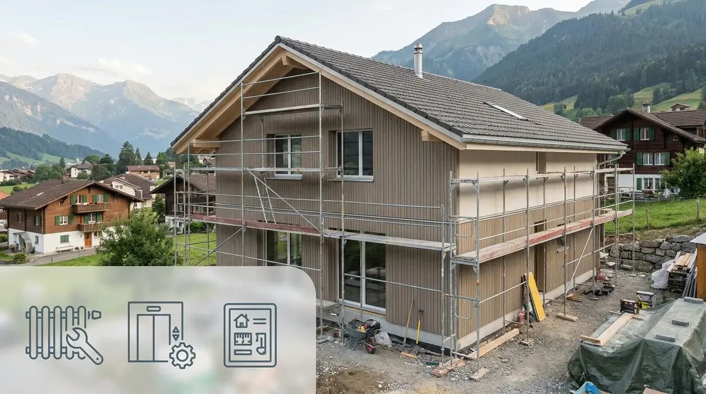 Wohnhaus im Bau mit Symbolen für technische Gebäudeprozesse