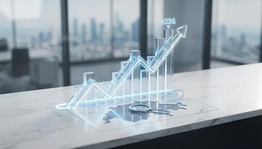 Dreidimensionale Grafik eines steigenden Aktiencharts über einer Schweizer Landkarte für das Jahr 2026