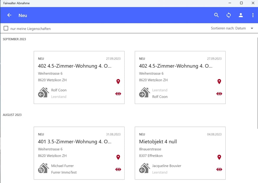 Screenshot Fairwalter Abnahme App – Tablet-Ansicht mit geöffnetem Übergabeprotokoll